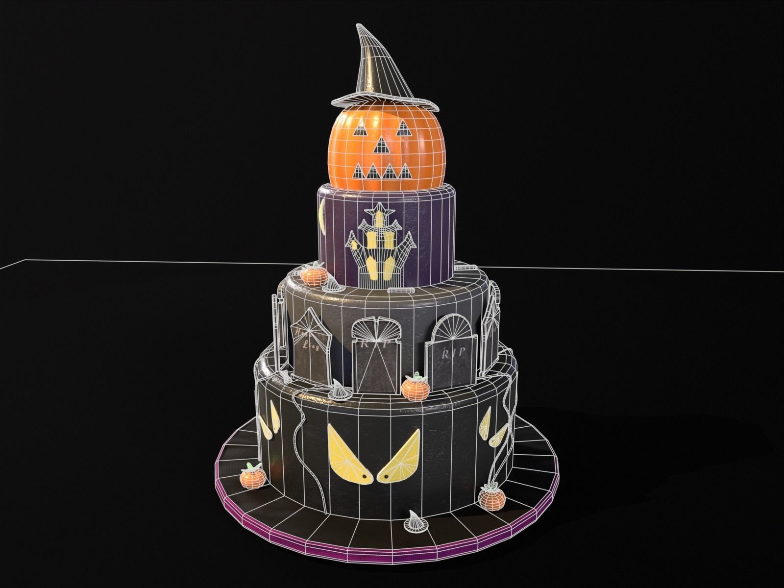 Three Level Halloween Cake Low-poly 3D model_5