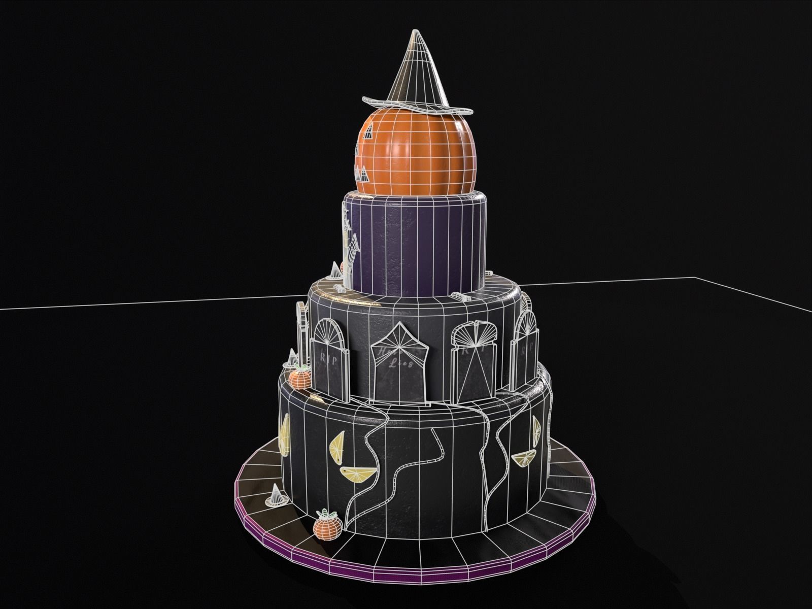 Three Level Halloween Cake Low-poly 3D model_11