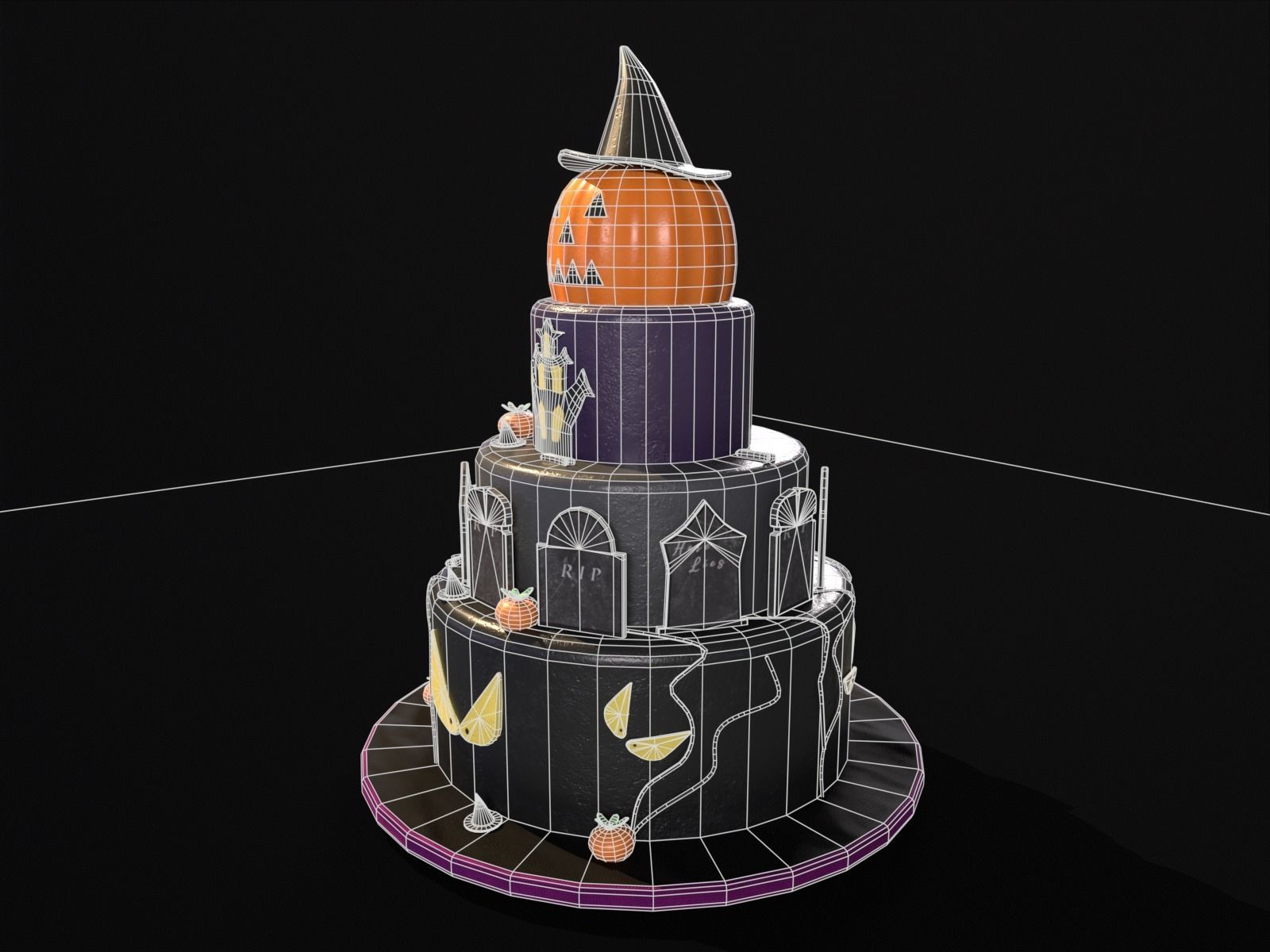 Three Level Halloween Cake Low-poly 3D model_9