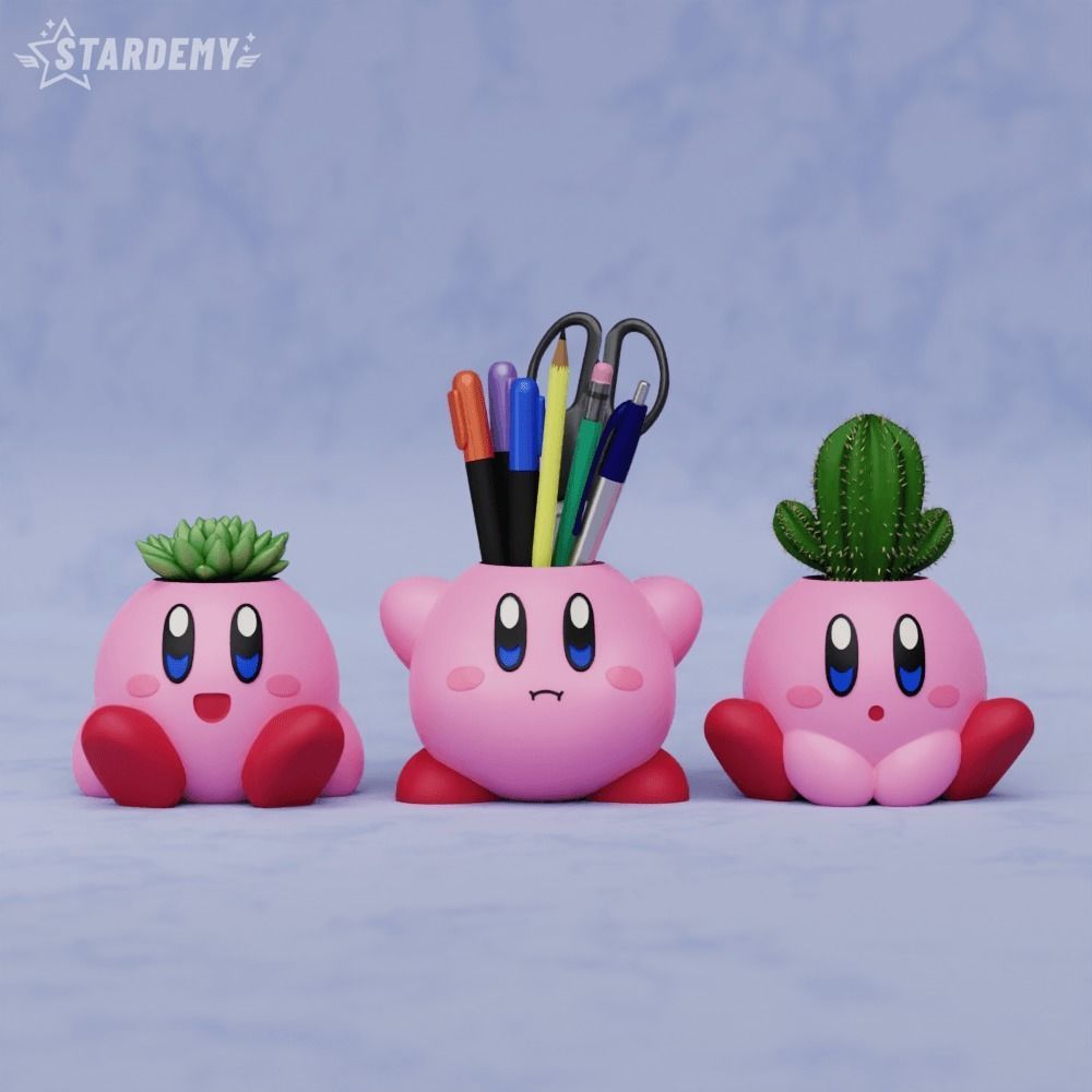 Kirby Planters pen holder decor cute geek game pink setup 3D print model_1