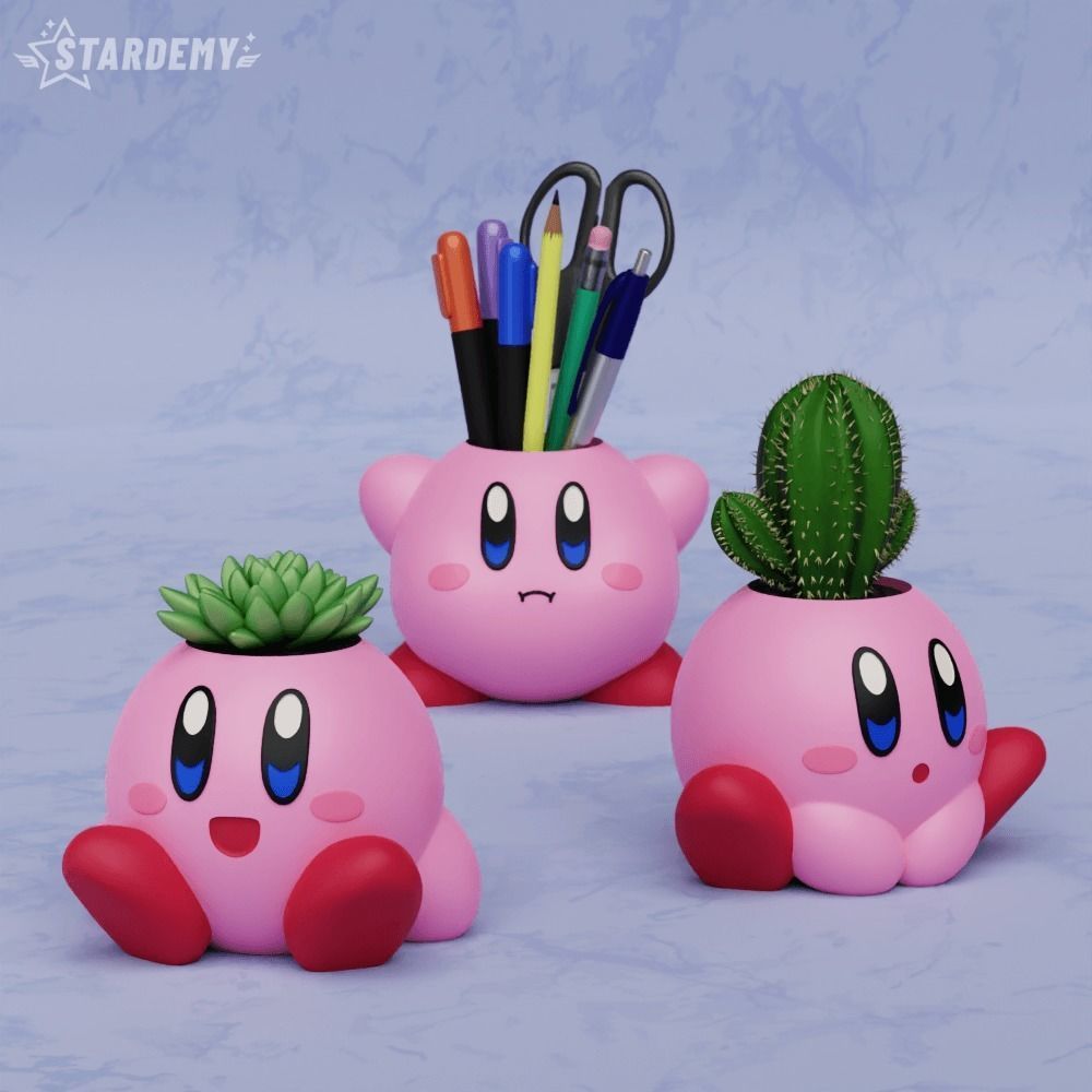 Kirby Planters pen holder decor cute geek game pink setup 3D print model_10