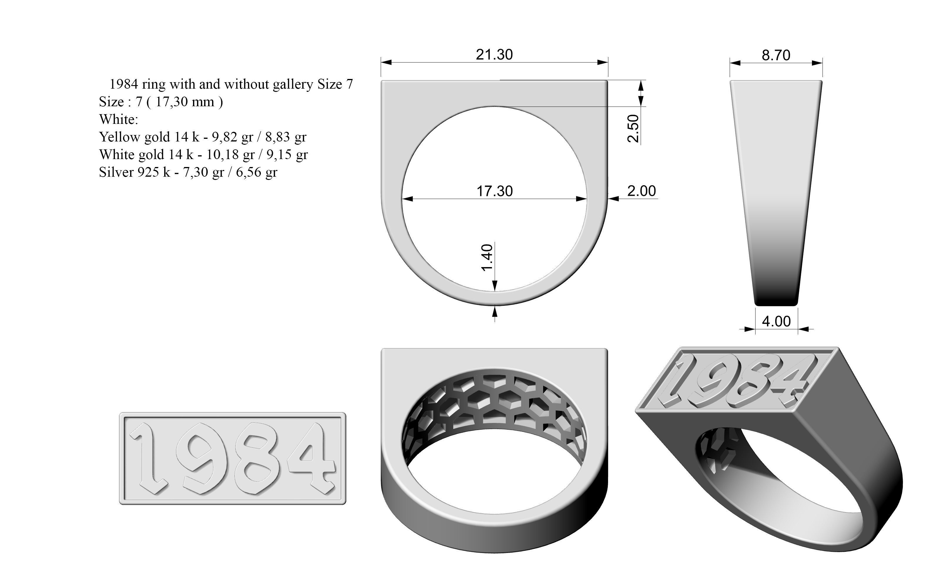1984 Ring Set with and without gallery Size 5 - 9 US 3D print model_1