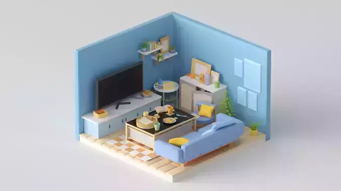 livingroom low poly 3D model 001
