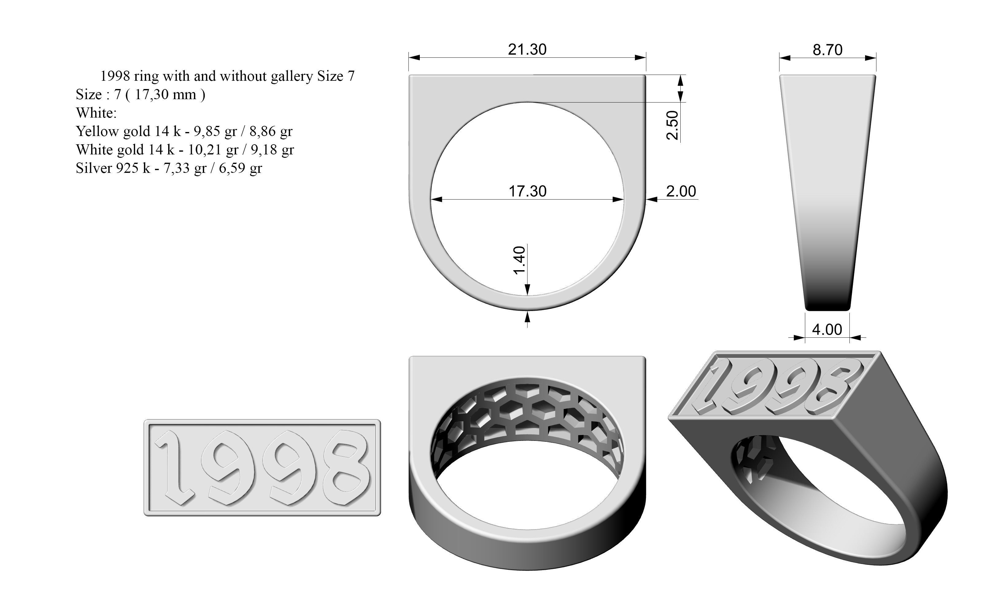 1998 Ring Set with and without gallery Size 5 - 9 US 3D print model_1