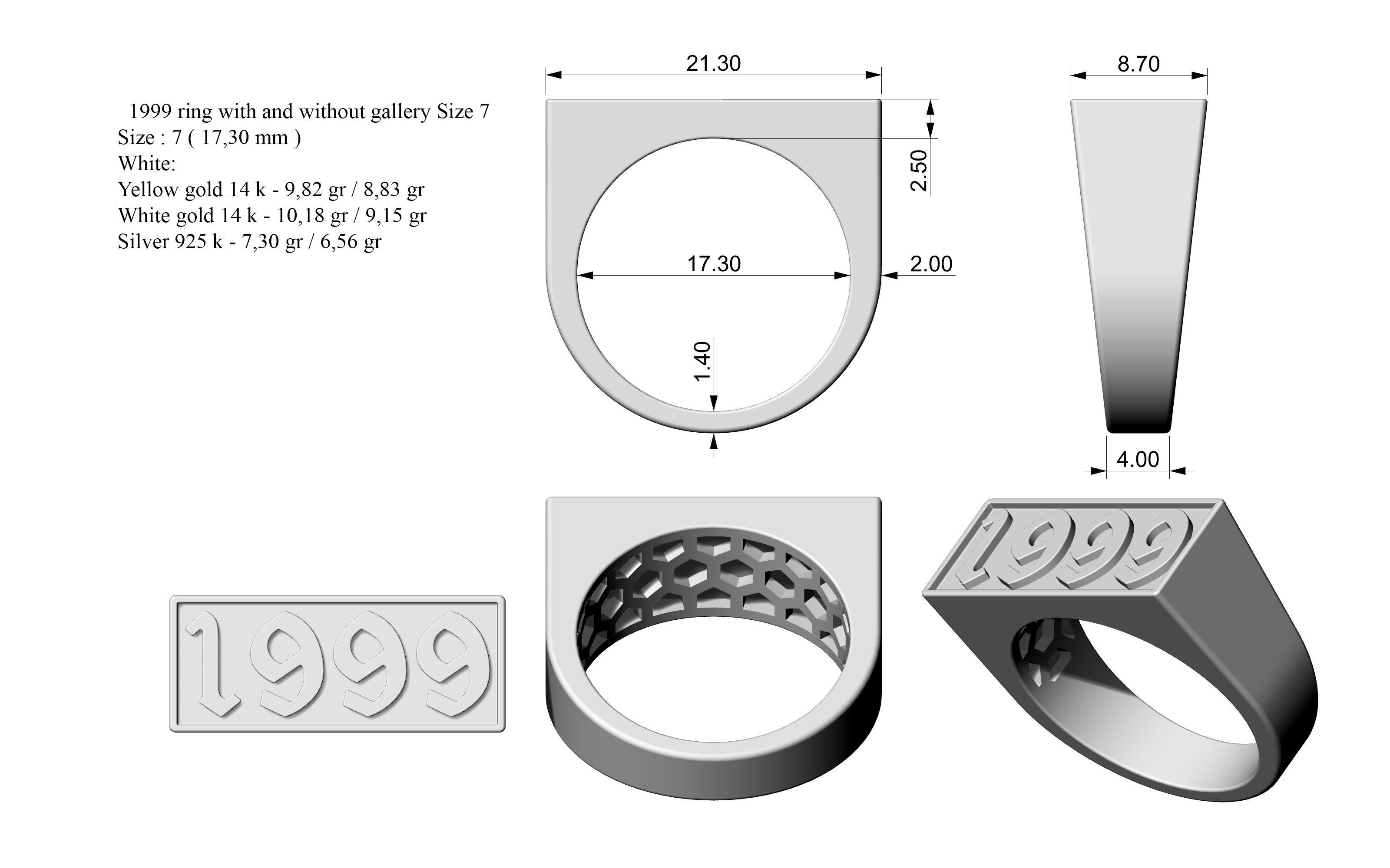 1999 Ring Set with and without gallery Size 5 - 9 US  3D print model_1