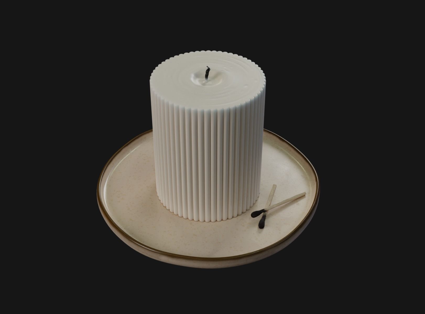 Realistic Ribbed Candle On A Plate  3D model_2