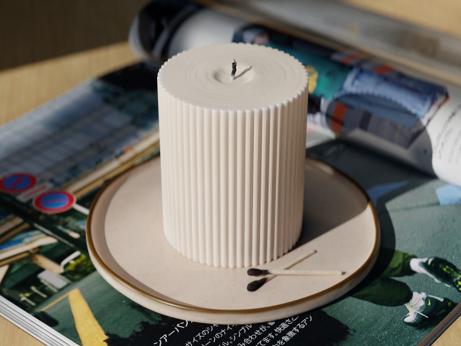 Realistic Ribbed Candle On A Plate  3D model_1