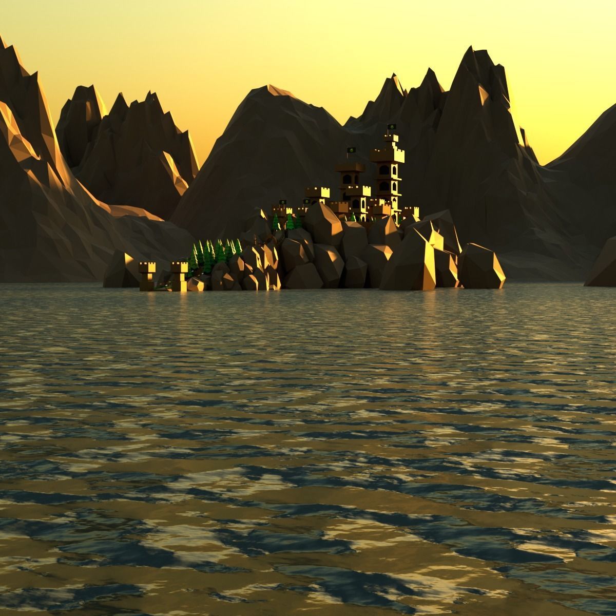 Low poly castle on a rock island Low-poly 3D model_12