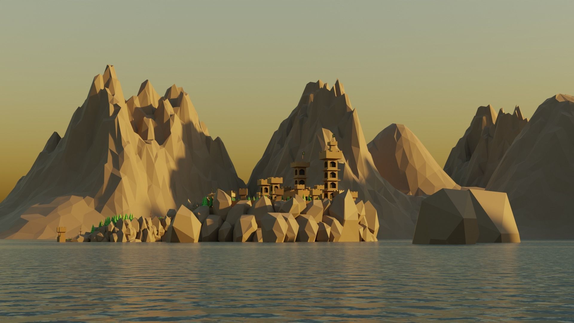 Low poly castle on a rock island Low-poly 3D model_6