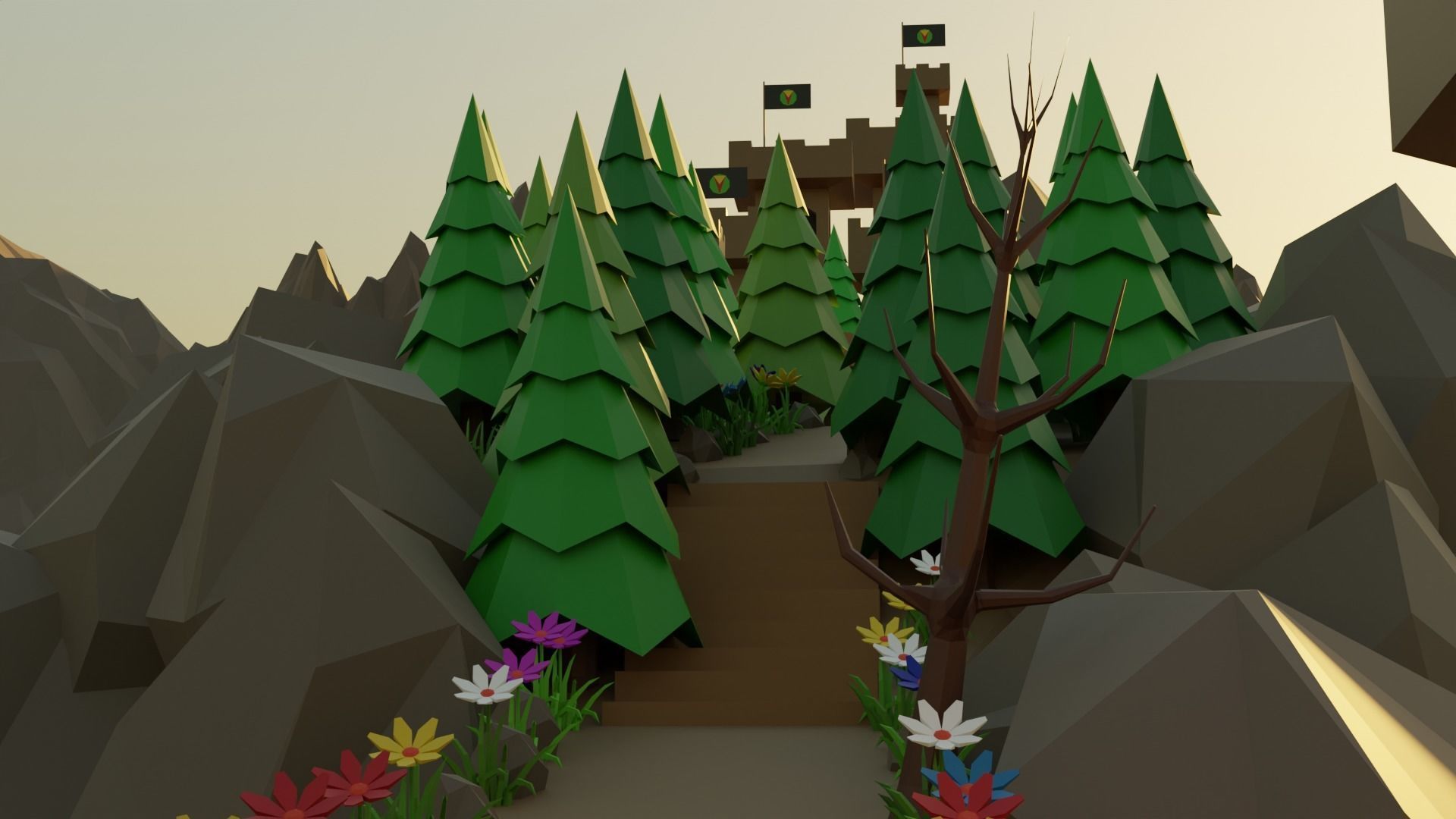 Low poly castle on a rock island Low-poly 3D model_4