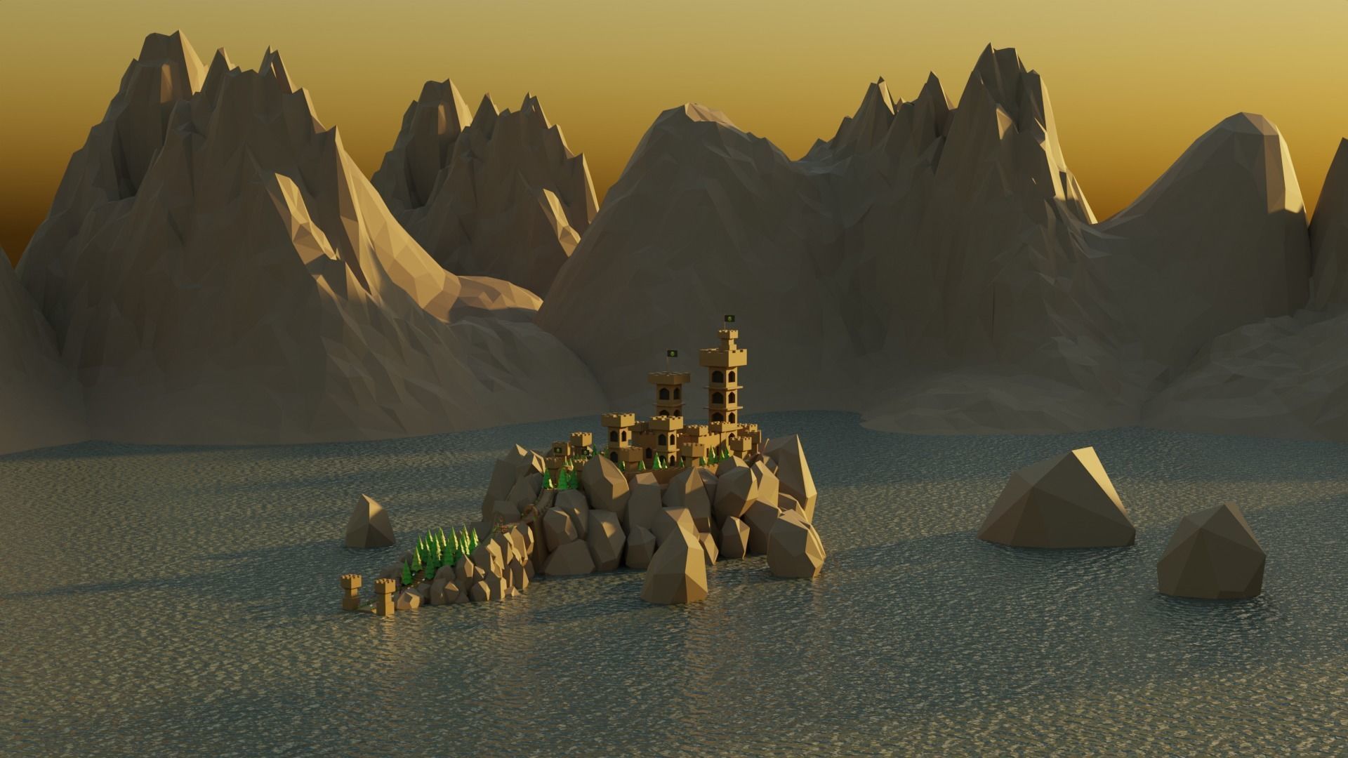 Low poly castle on a rock island Low-poly 3D model_1