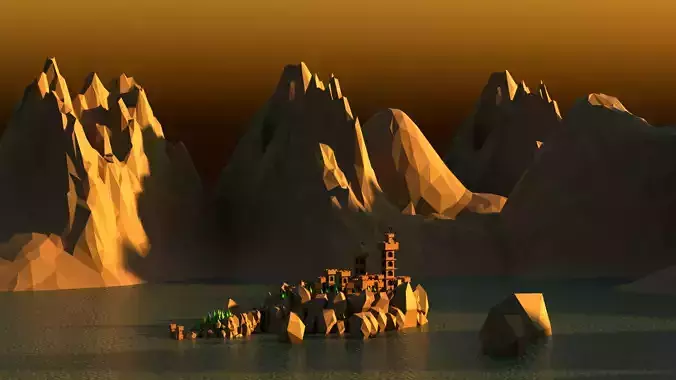 Low poly castle on a rock island
