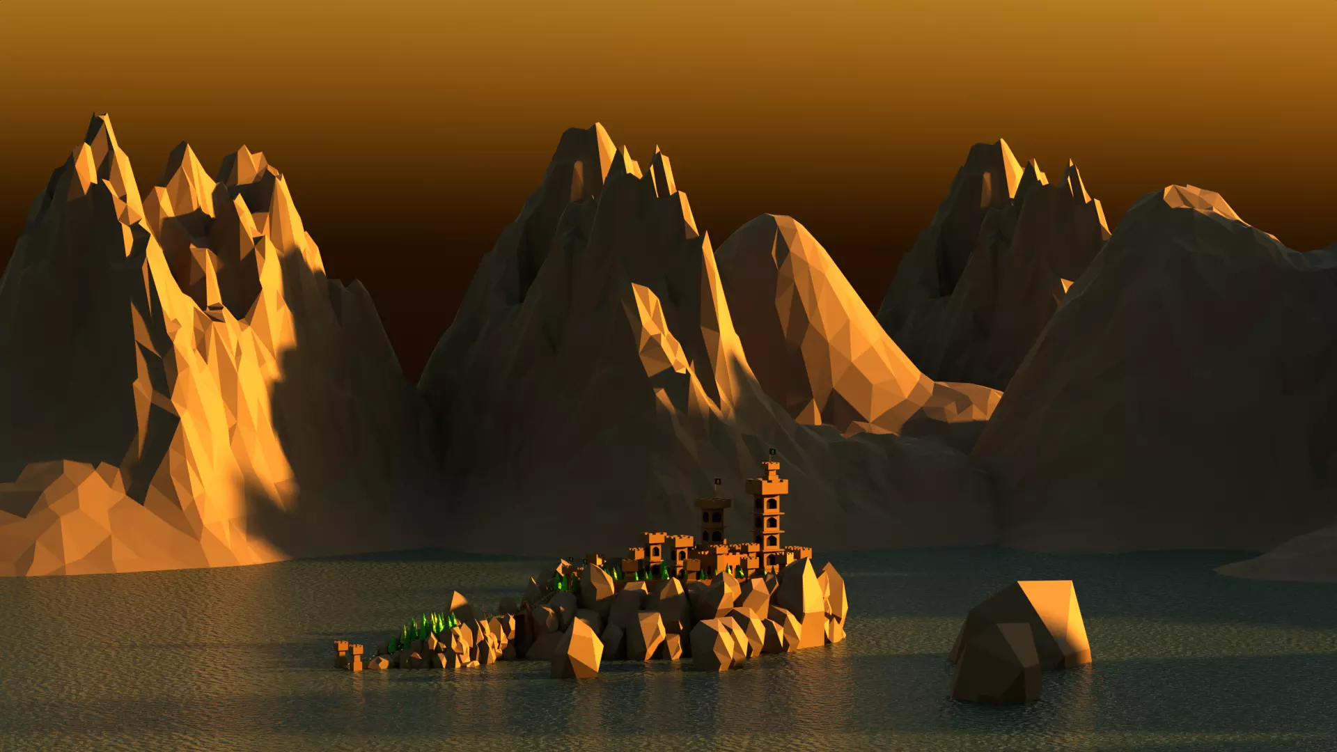 Low poly castle on a rock island Low-poly 3D model_0