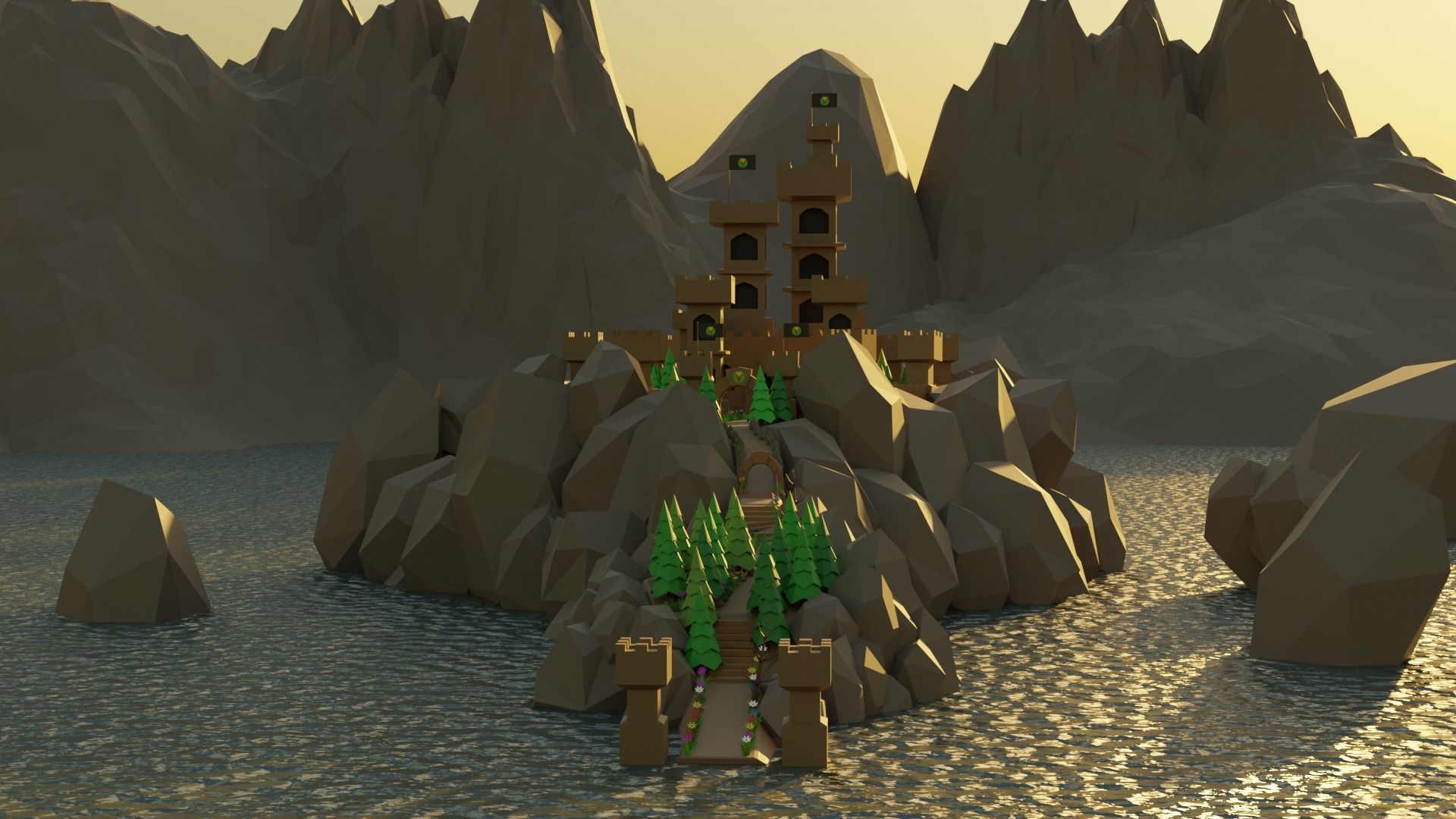 Low poly castle on a rock island Low-poly 3D model_2