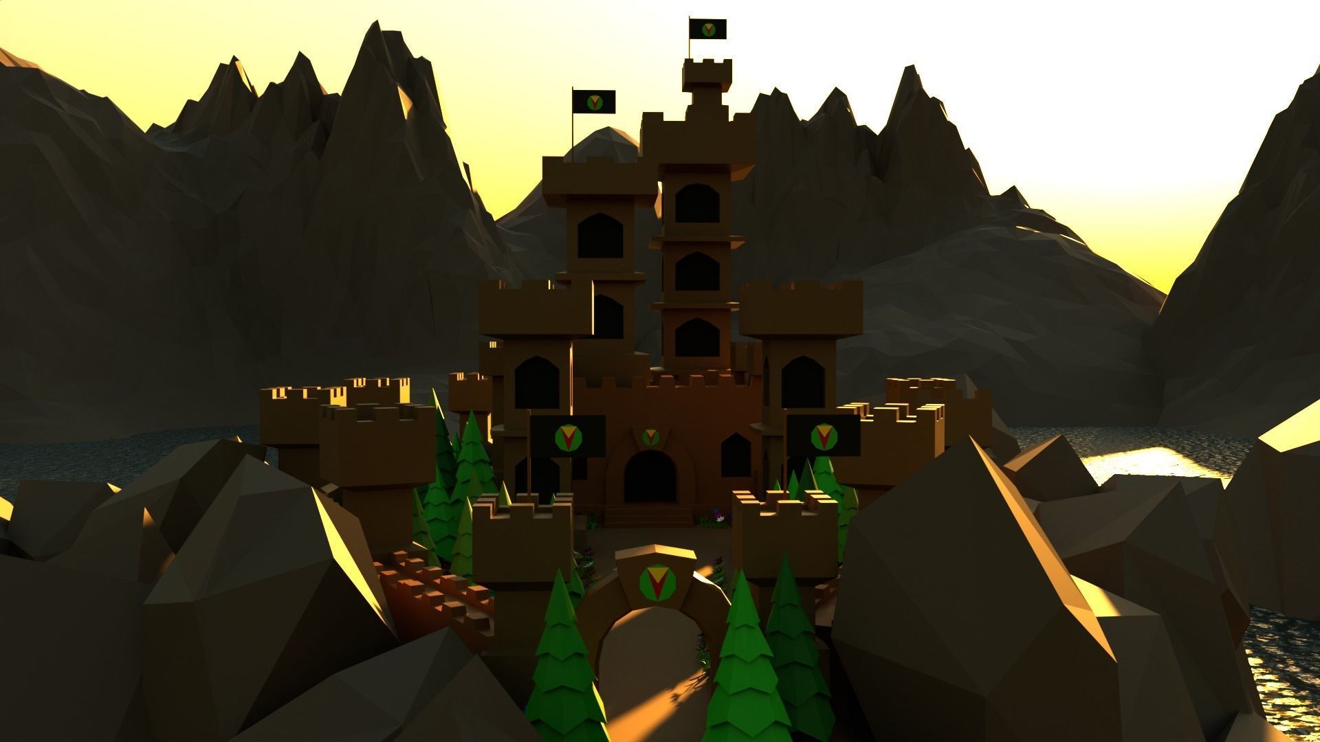 Low poly castle on a rock island Low-poly 3D model_11