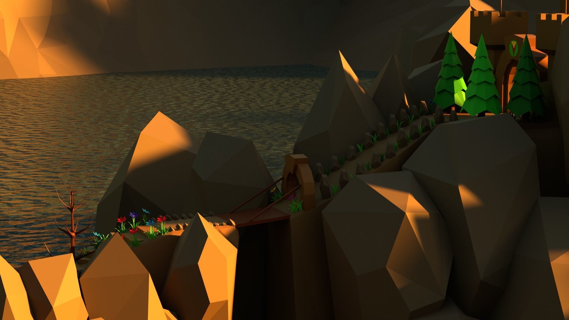 Low poly castle on a rock island Low-poly 3D model_8