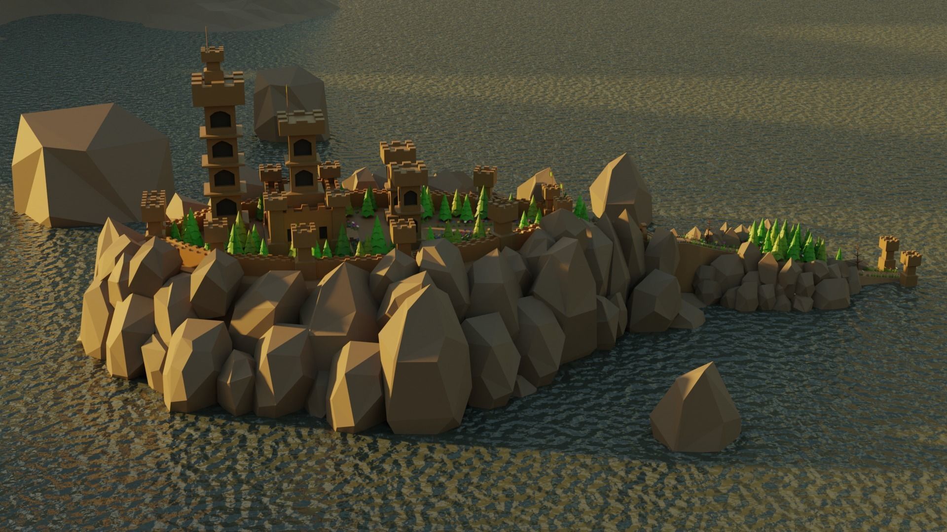 Low poly castle on a rock island Low-poly 3D model_3