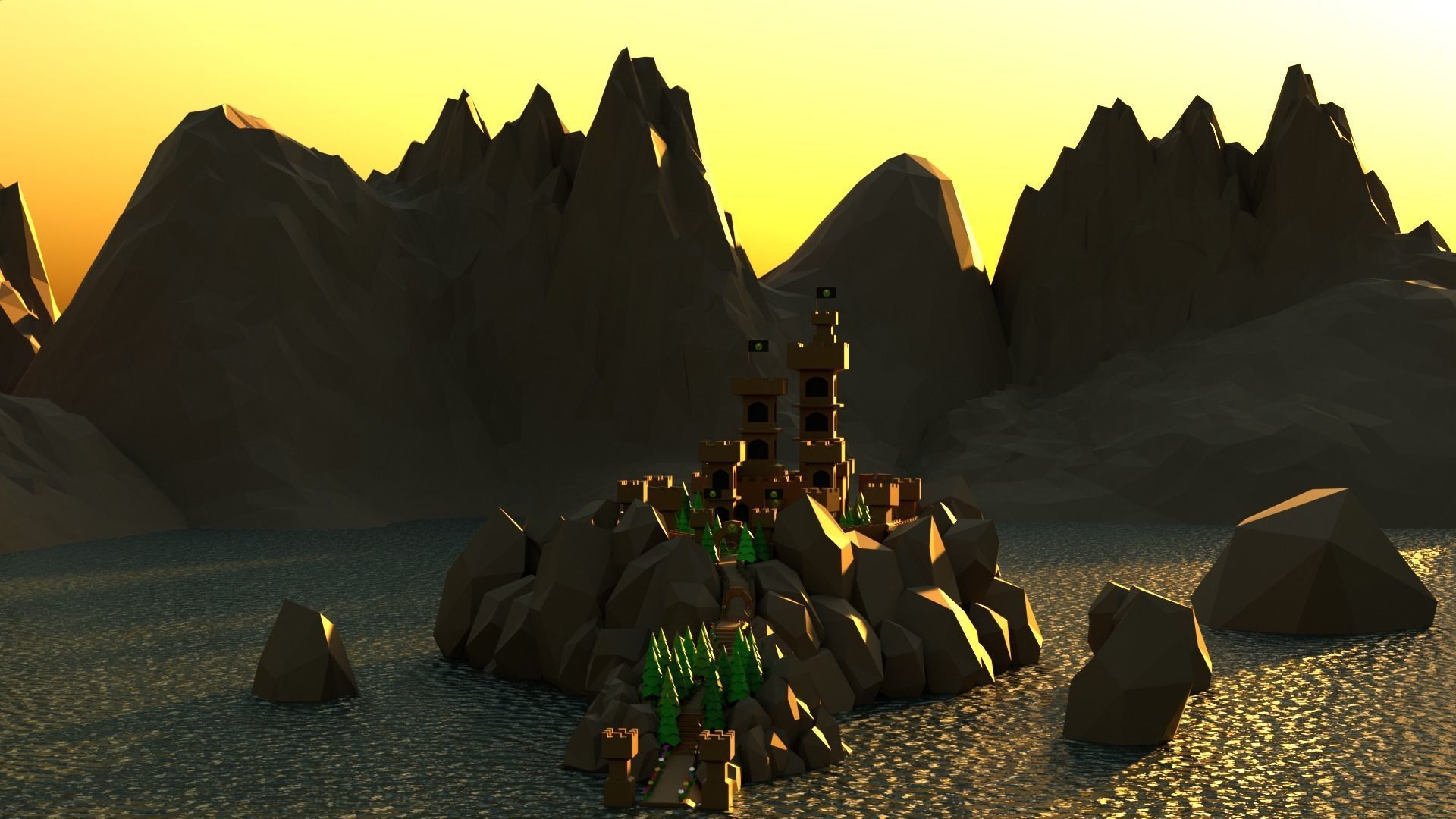 Low poly castle on a rock island Low-poly 3D model_7
