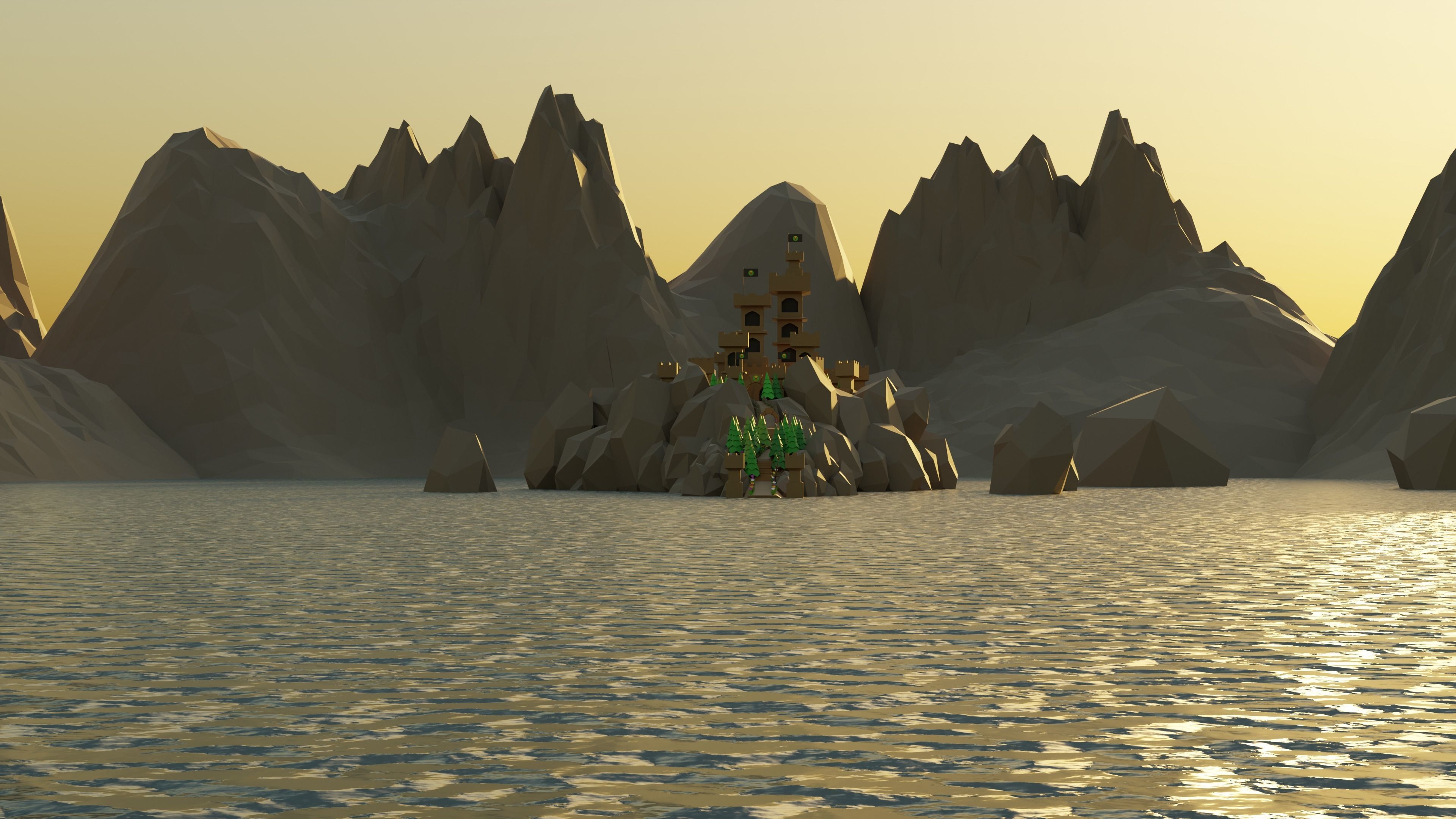 Low poly castle on a rock island Low-poly 3D model_5