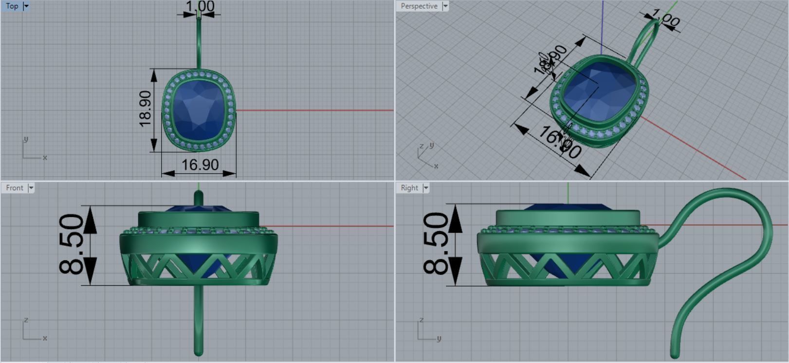 Earring With Cushion Stone 3D print model_6