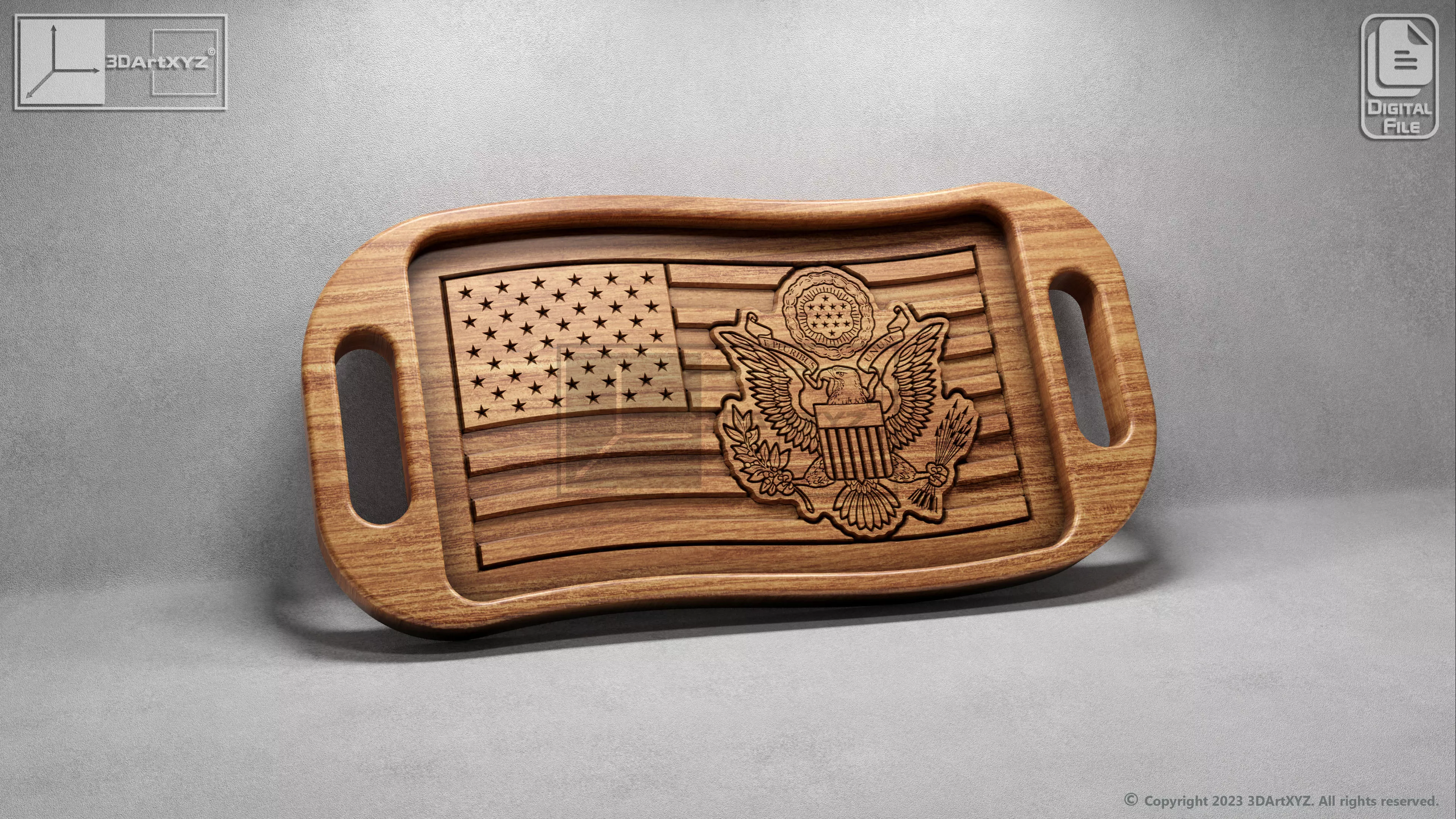 US Wavy Flag Army Seal Tray With Handles - CNC Files for Wood 3D model_0