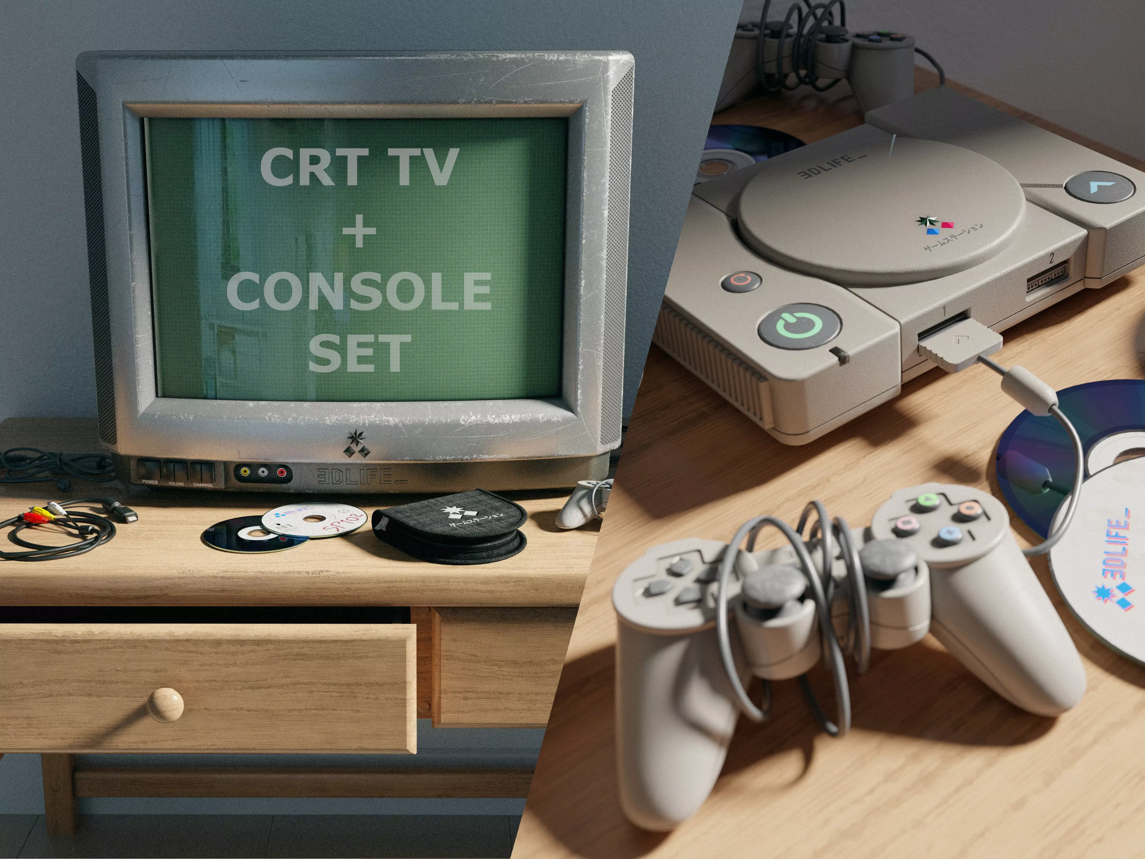 CRT TV and Game Console Low-poly 3D model