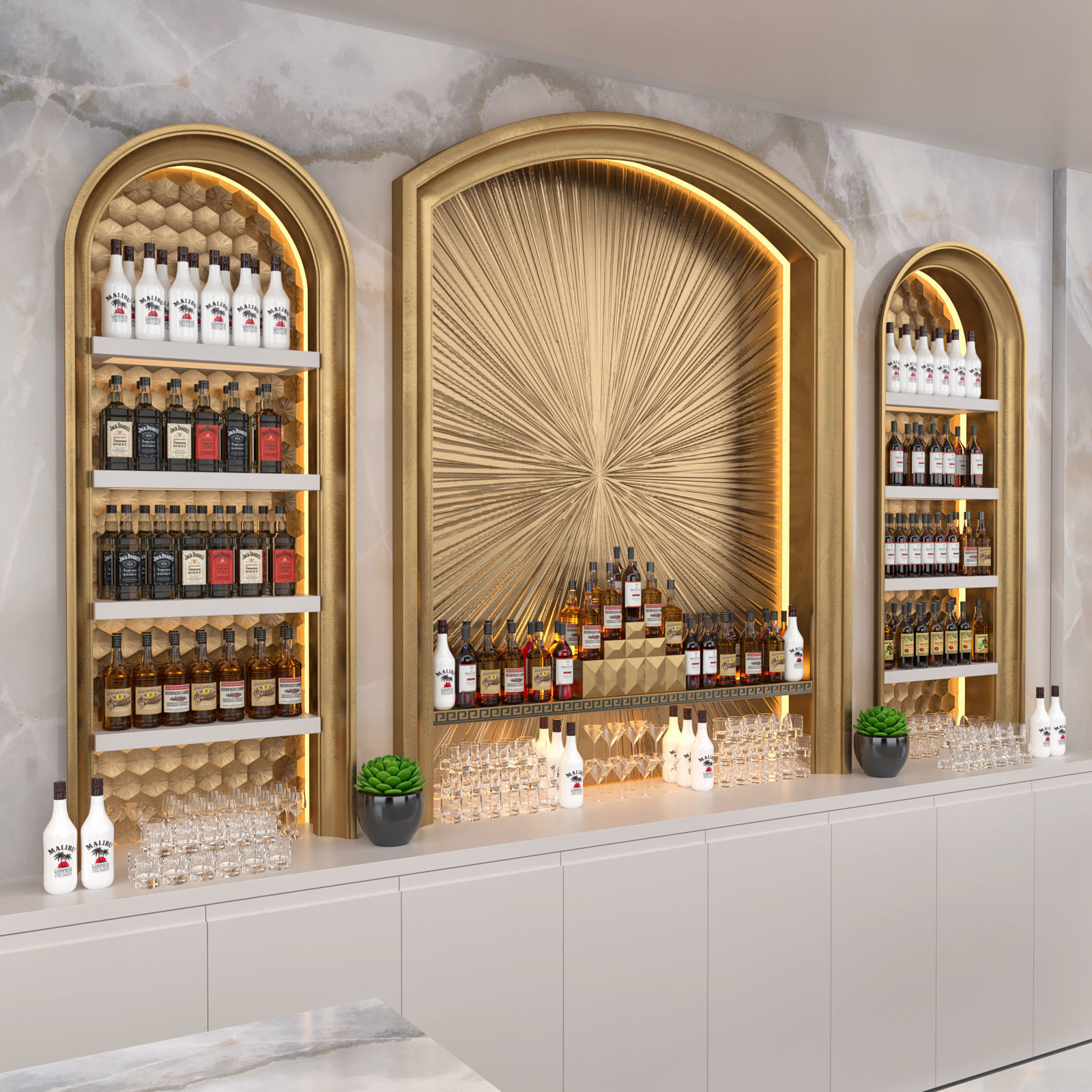ONYX MARBLE GOLD  BAR RESTAURANT counter with drinks 3D model_4