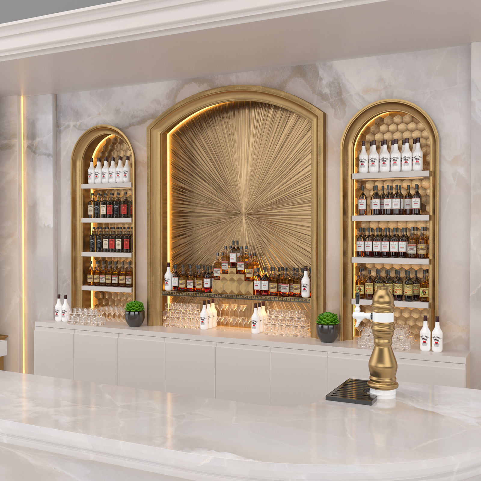 ONYX MARBLE GOLD  BAR RESTAURANT counter with drinks 3D model_5