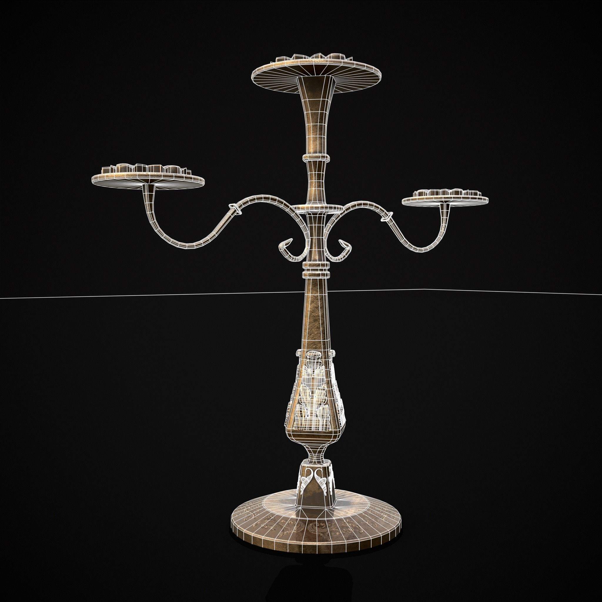 Ornamented  Three Point Candelabra Low-poly 3D model_16