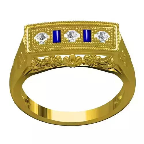 Round Diamond and Blue Sapphire Baguette Floral Engraving Ring