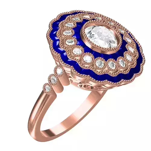 Antique Round Diamond and Baguette Stone Halo Solitaire Ring