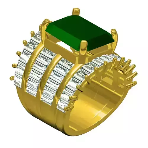 Green Emerald Stone Four Row Baguette Diamond Solitaire Ring