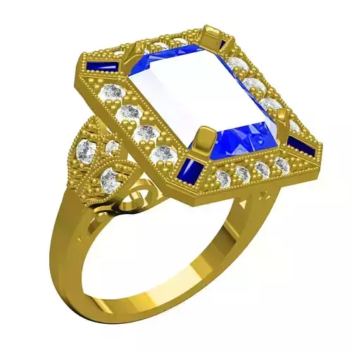 Blue Sapphire Emerald Stone Art Deco Engagement Ring