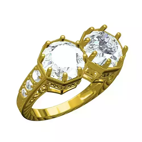 Two Stone Art Deco Milgrain Engagement Ring