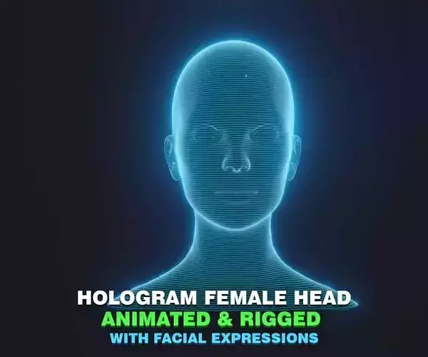 Hologram Female Head 3D Model Animated with Facial Expressions Low-poly 3D model
