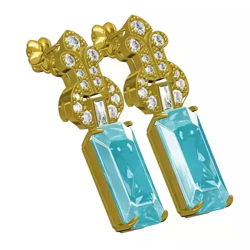 Aquamarine Emerald Stone Art Deco Stud Earring