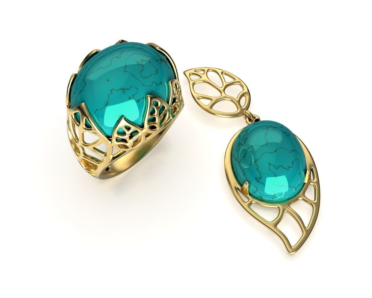 Gold Leaf Ring and Earring Set 3D print model_24