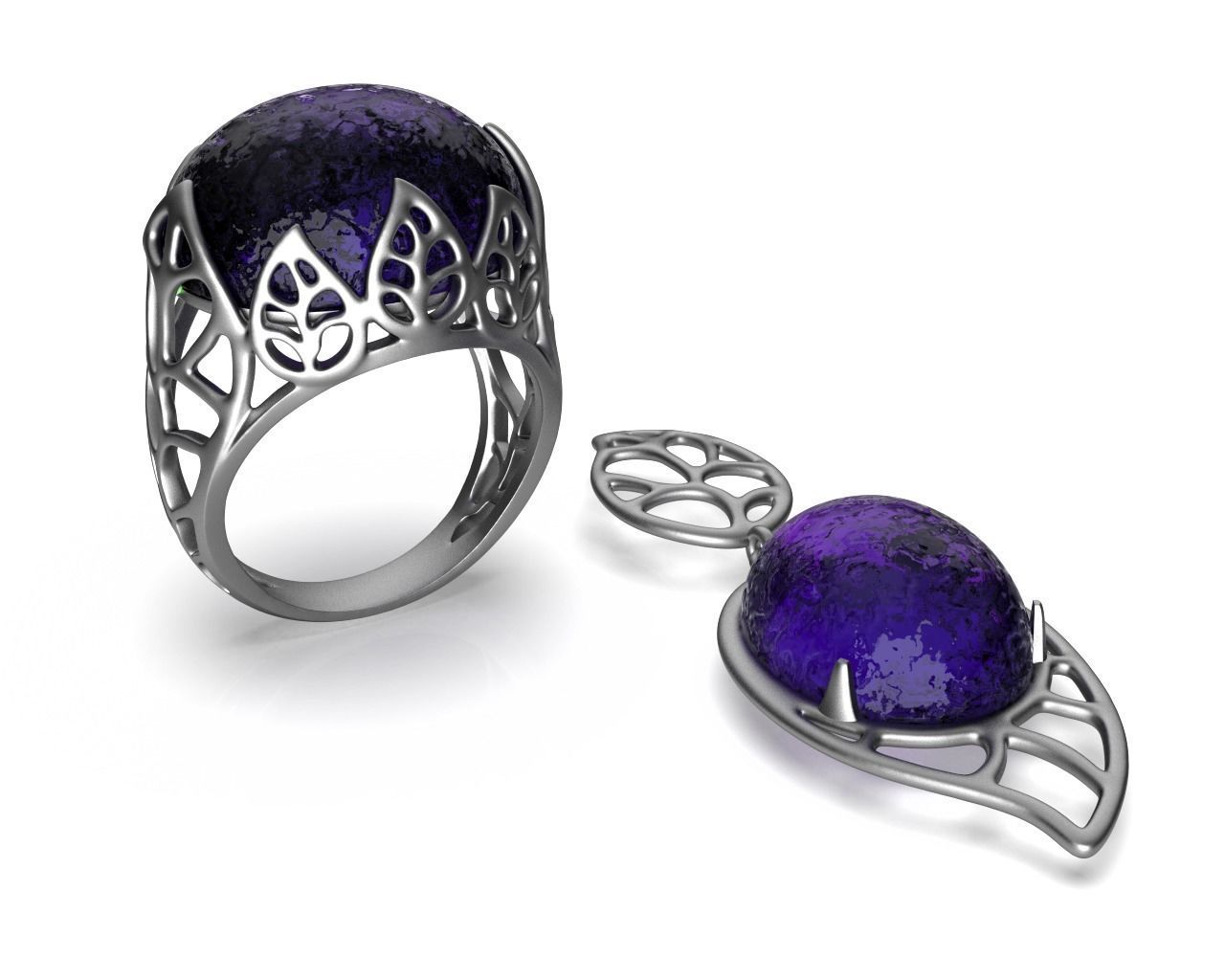 Gold Leaf Ring and Earring Set 3D print model_7