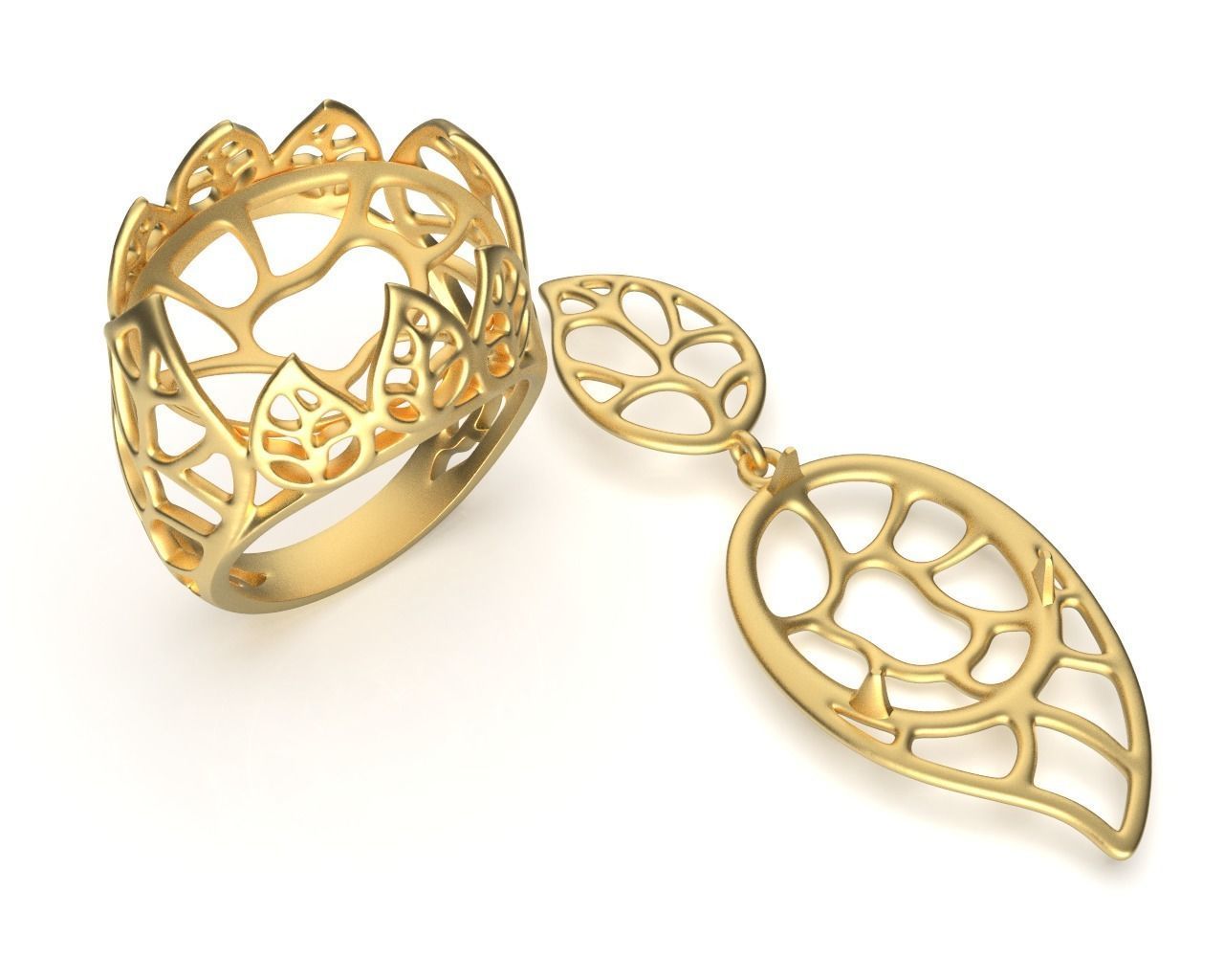 Gold Leaf Ring and Earring Set 3D print model_9