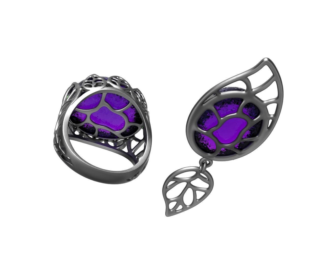 Gold Leaf Ring and Earring Set 3D print model_8