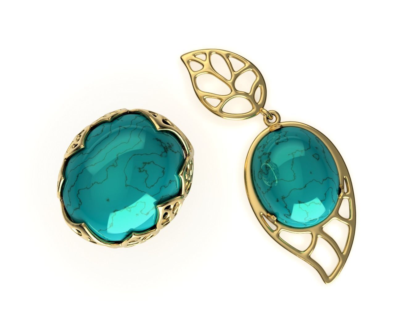 Gold Leaf Ring and Earring Set 3D print model_23