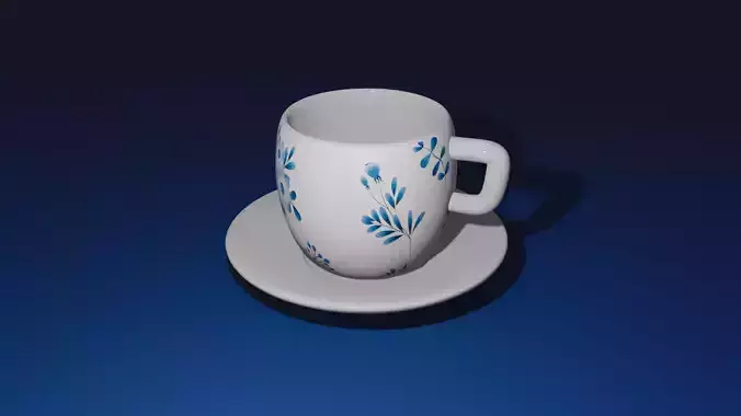Blue Flowers Cup and Saucer 3D Model 