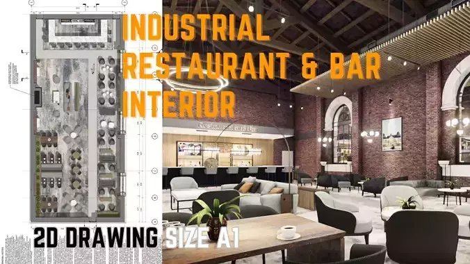Industrial Restaurant and Bar Interior  - 2D drawing A1 size 3D model