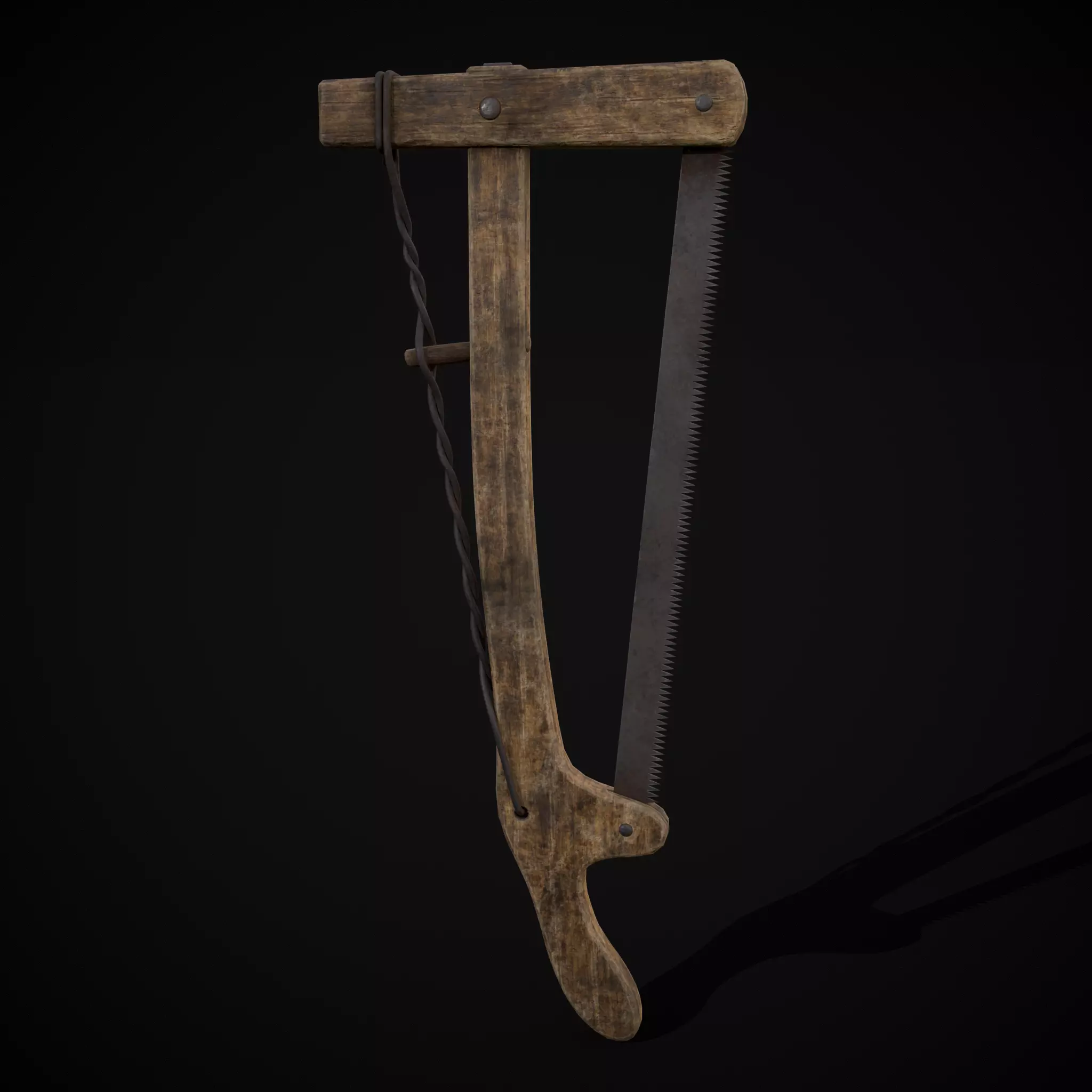 Antique Wooden Bow Saw Low-poly 3D model_0