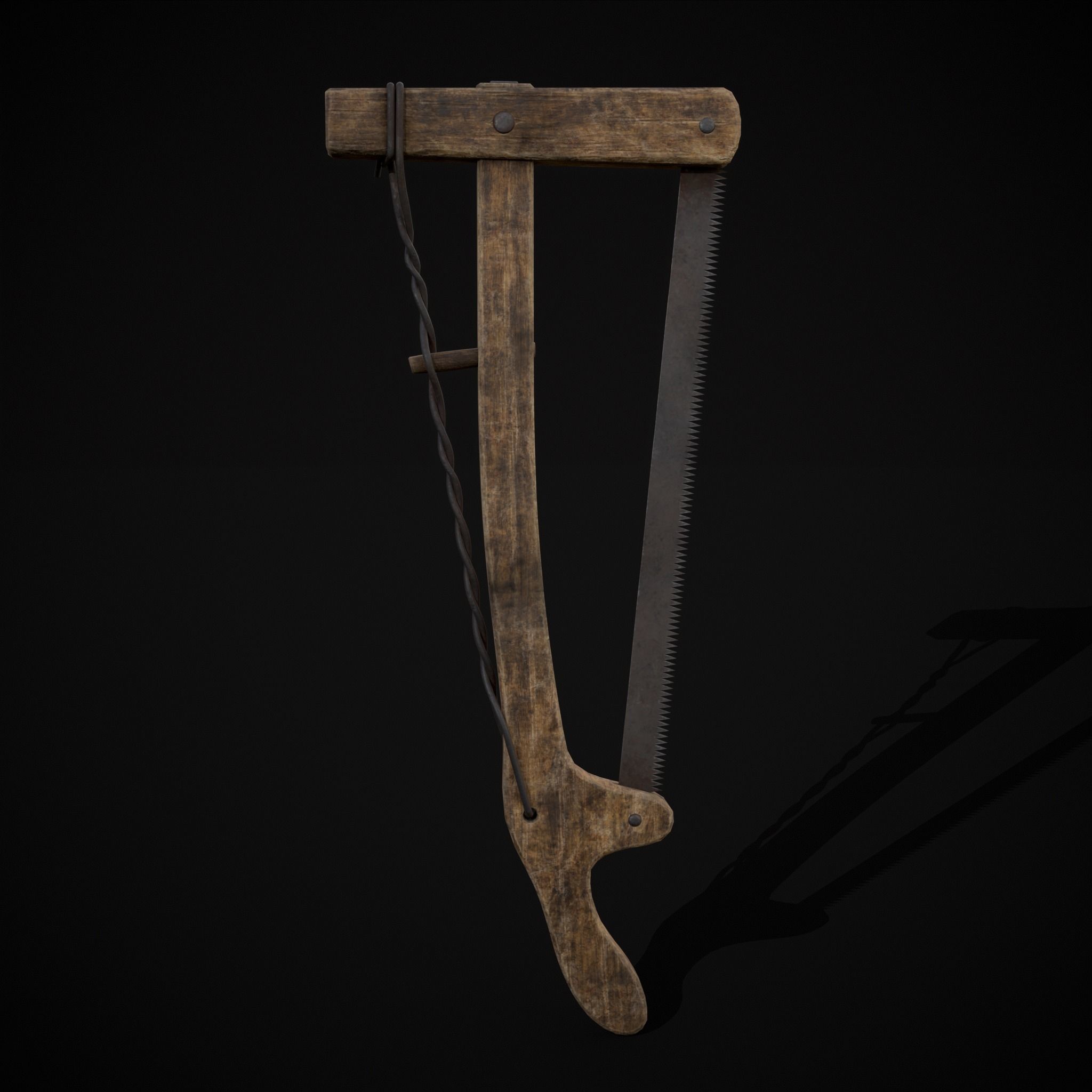 Antique Wooden Bow Saw Low-poly 3D model_29
