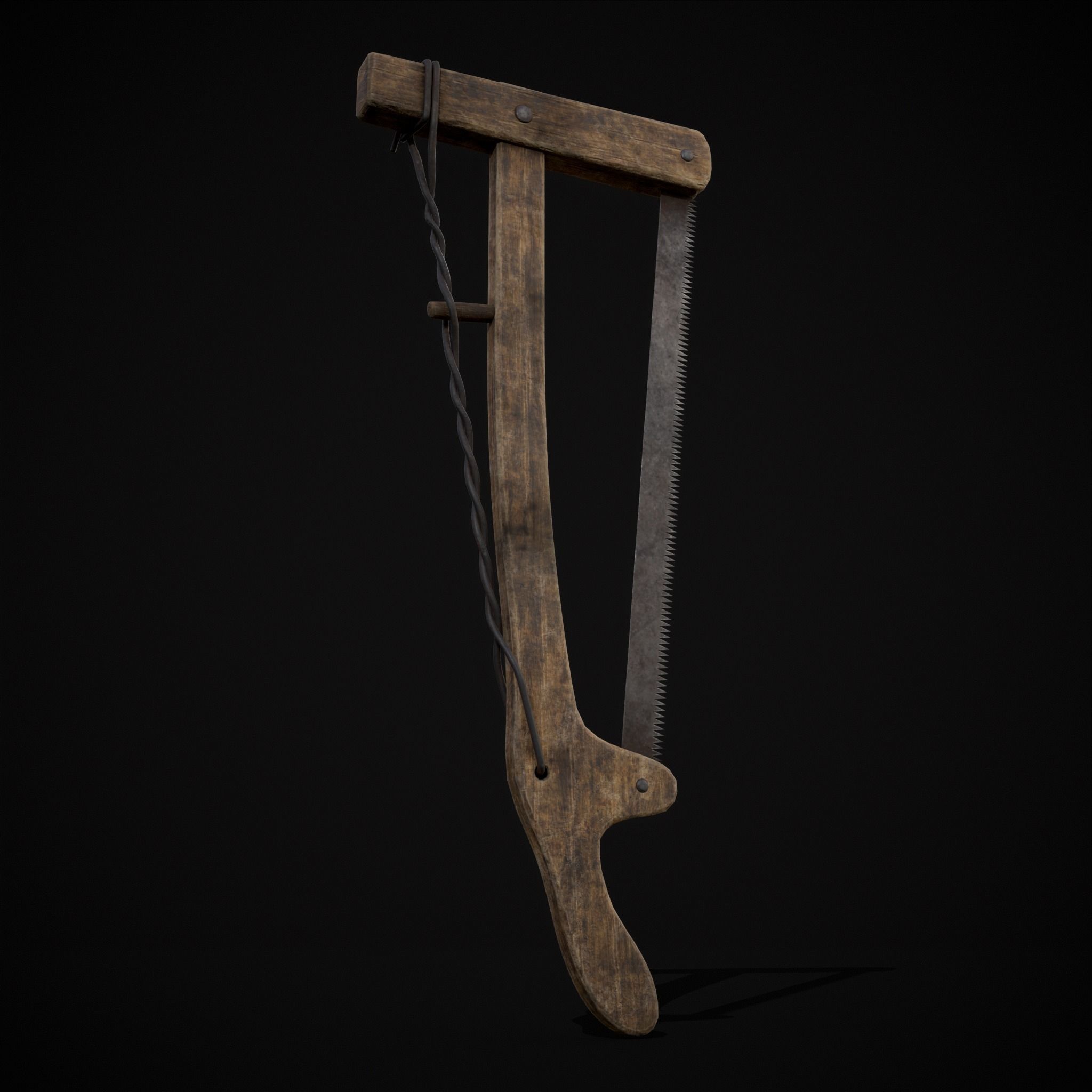 Antique Wooden Bow Saw Low-poly 3D model_3