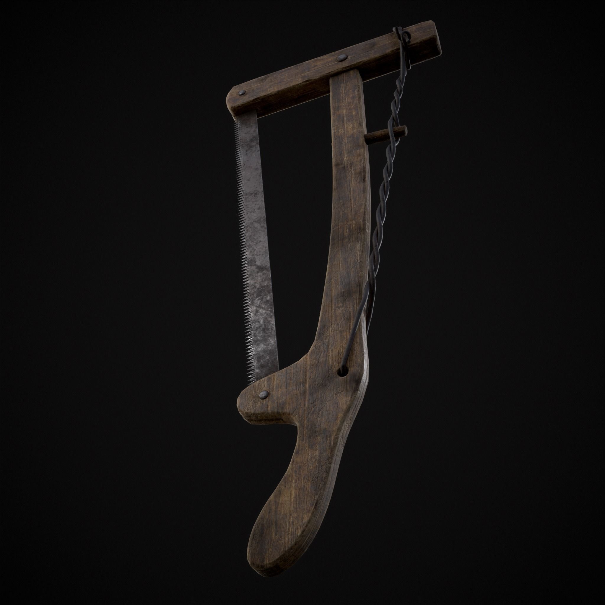 Antique Wooden Bow Saw Low-poly 3D model_5