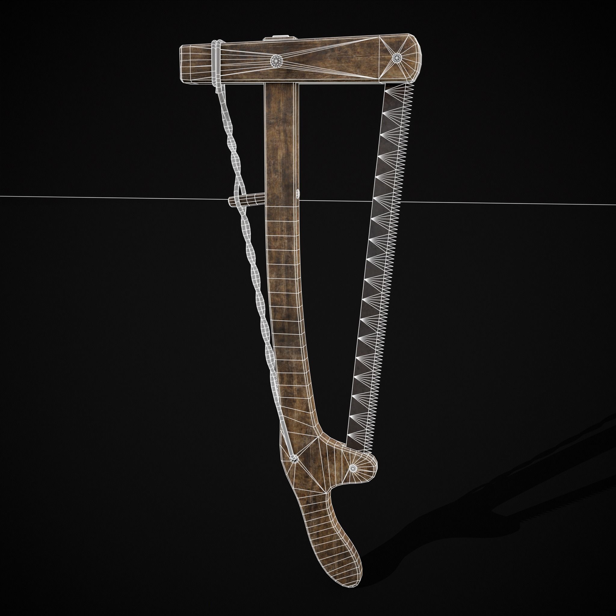 Antique Wooden Bow Saw Low-poly 3D model_2