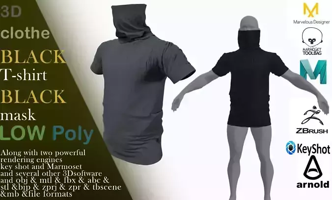 BLACK TSHIRT AND MASK Low-poly 3D model