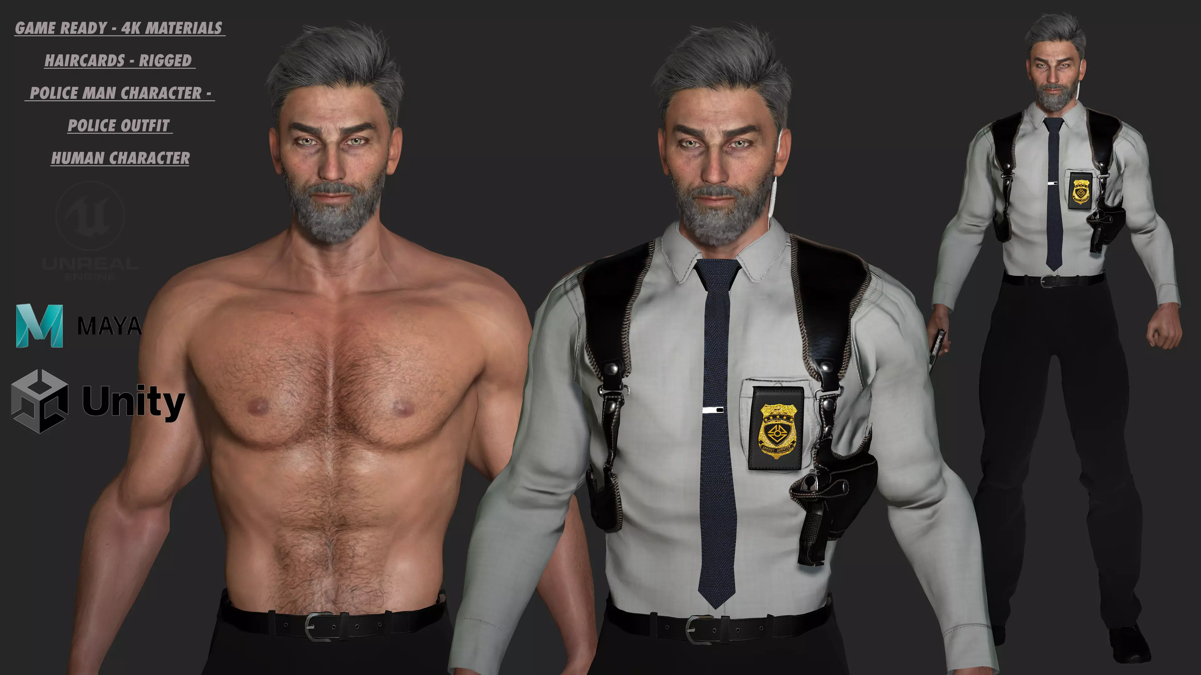 AAA 3D POLICE MAN GUN BADGE -REALISTIC RIG GAME READY CHARACTER Low-poly 3D model_0